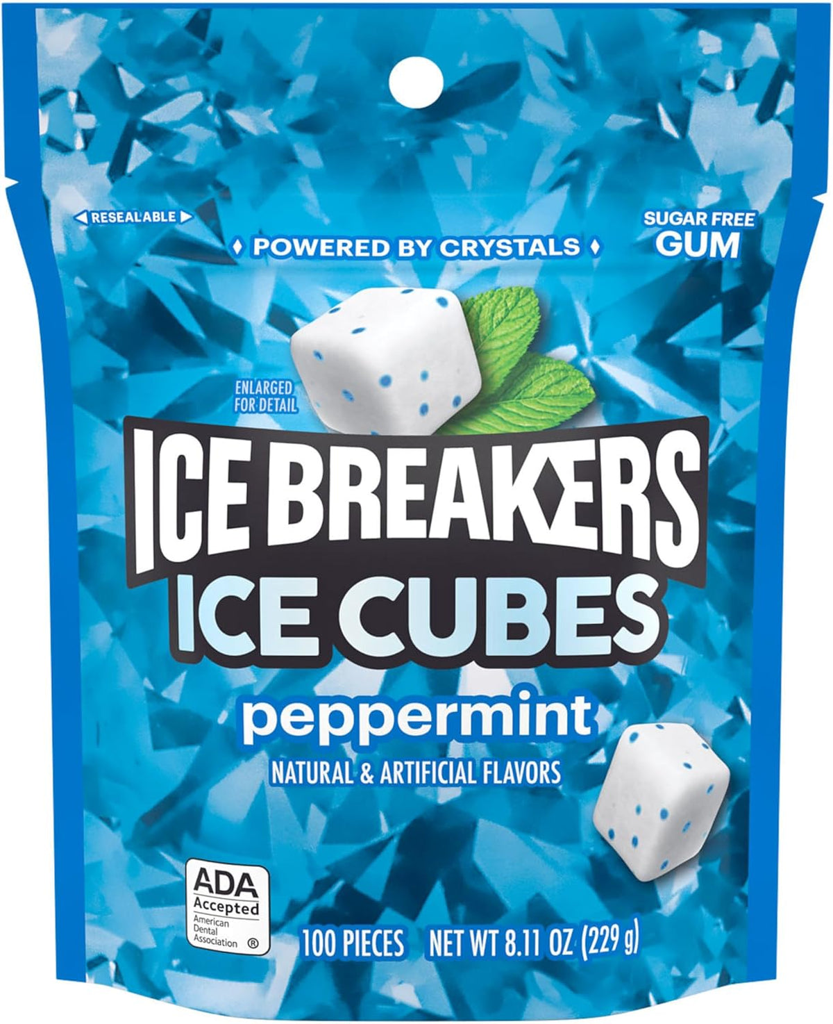 Resealable packaging of ICE BREAKERS 100 pieces peppermint gum showing product details