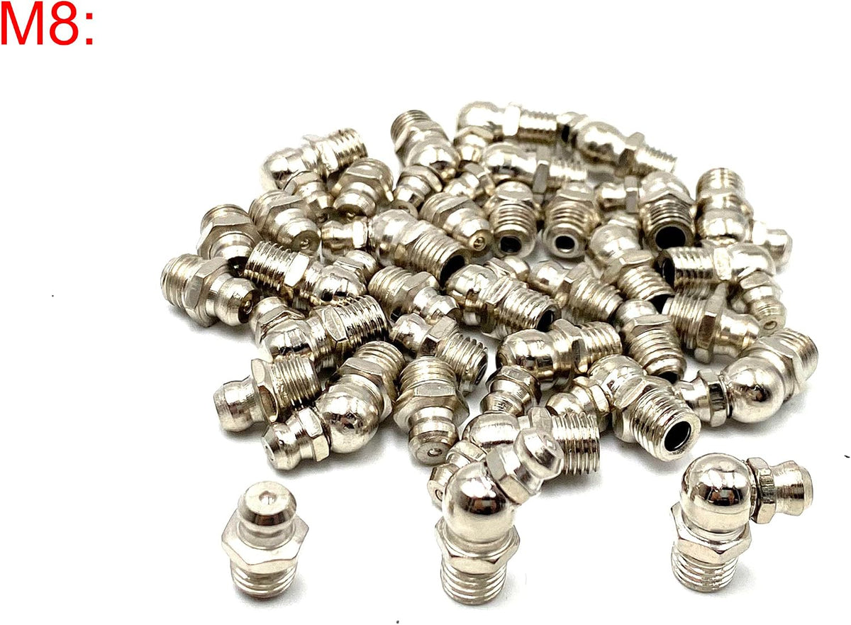 Close-up view of straight and angled metric grease nipples