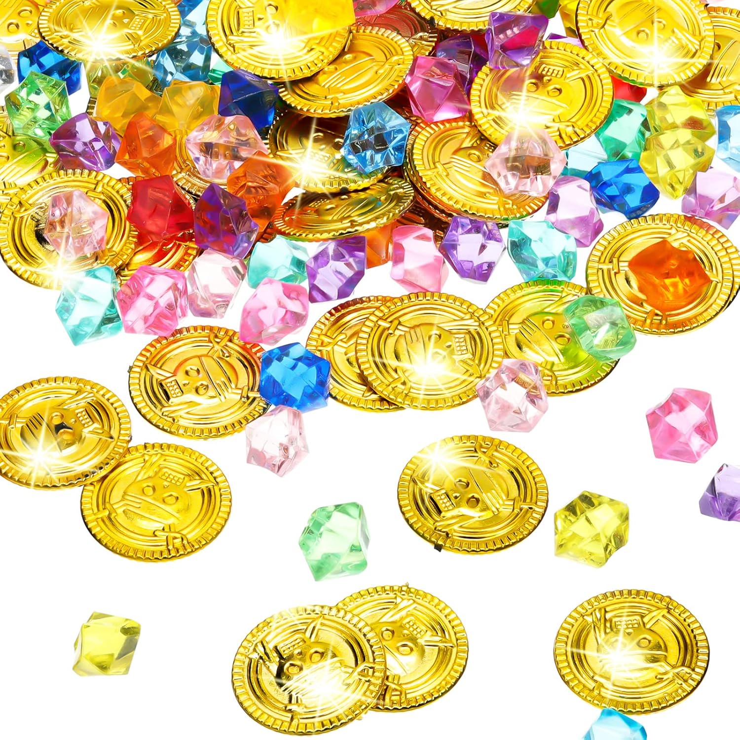 Hanaive plastic pirate gold coins and acrylic gems front view party props