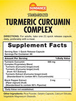 Sundance Turmeric Curcumin Complex supplement facts label and ingredients