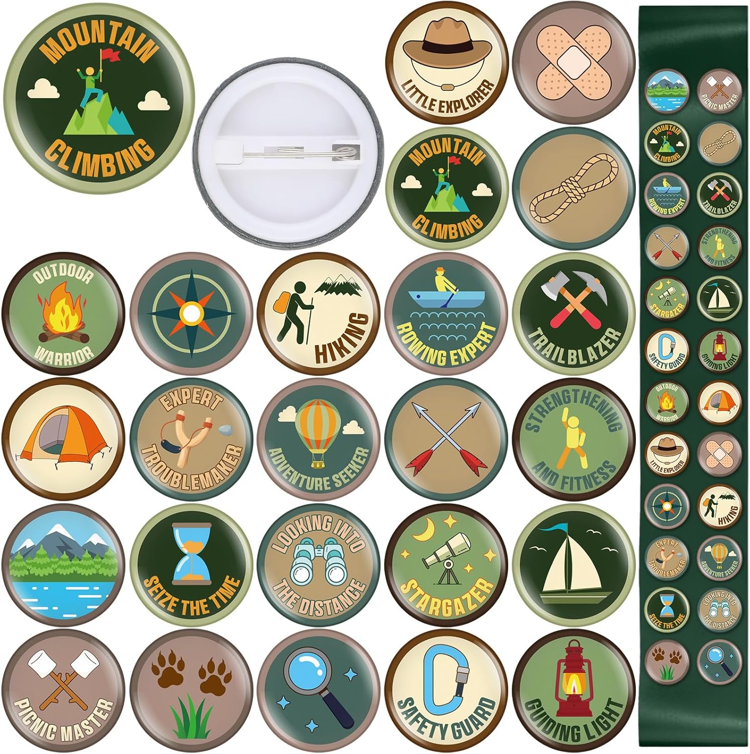 Suncalla camping badge pin set front view showing twenty-four unique outdoor designs