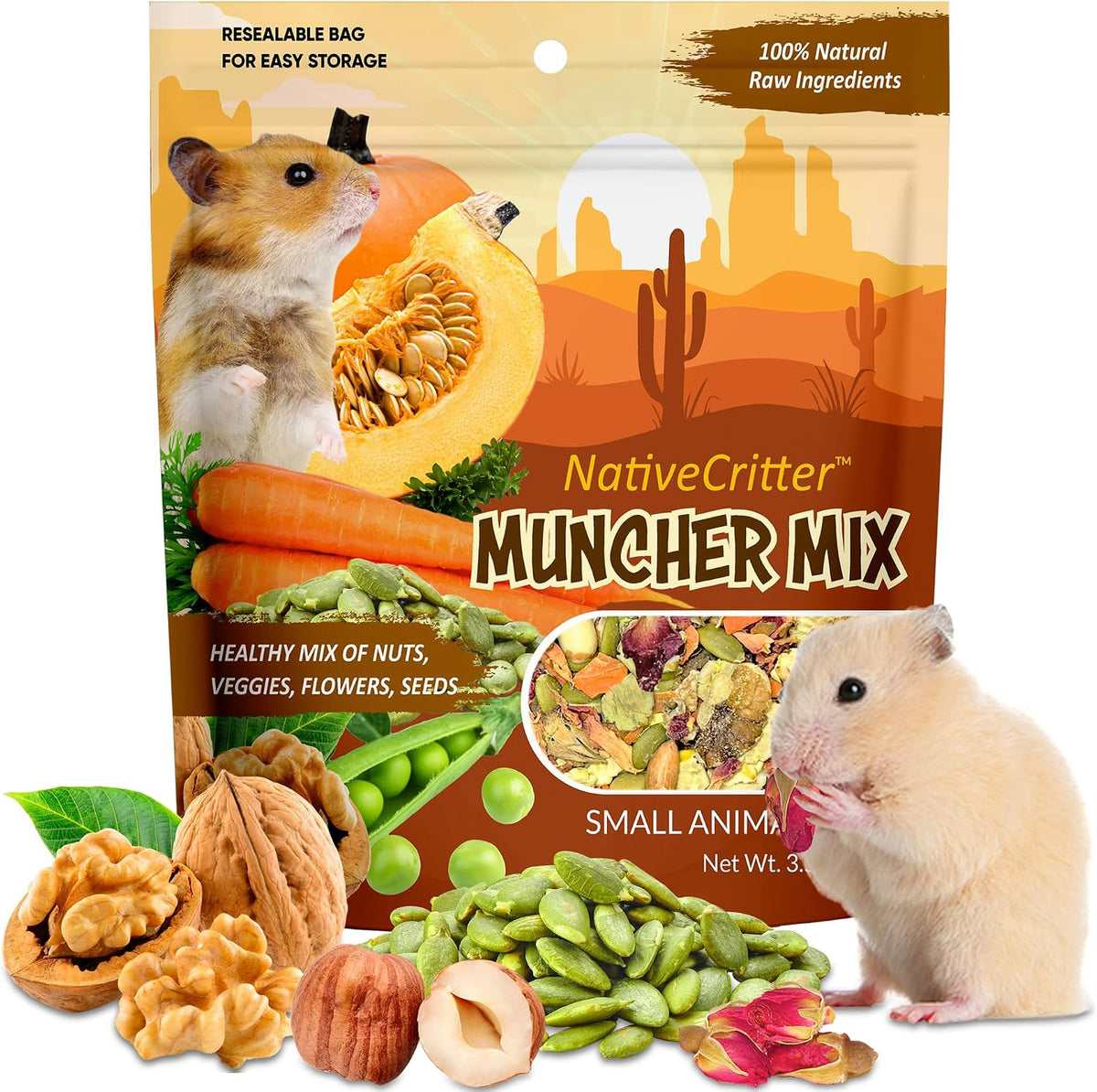 Exotic Nutrition Muncher Mix nutritional info and raw nuts and seeds close up