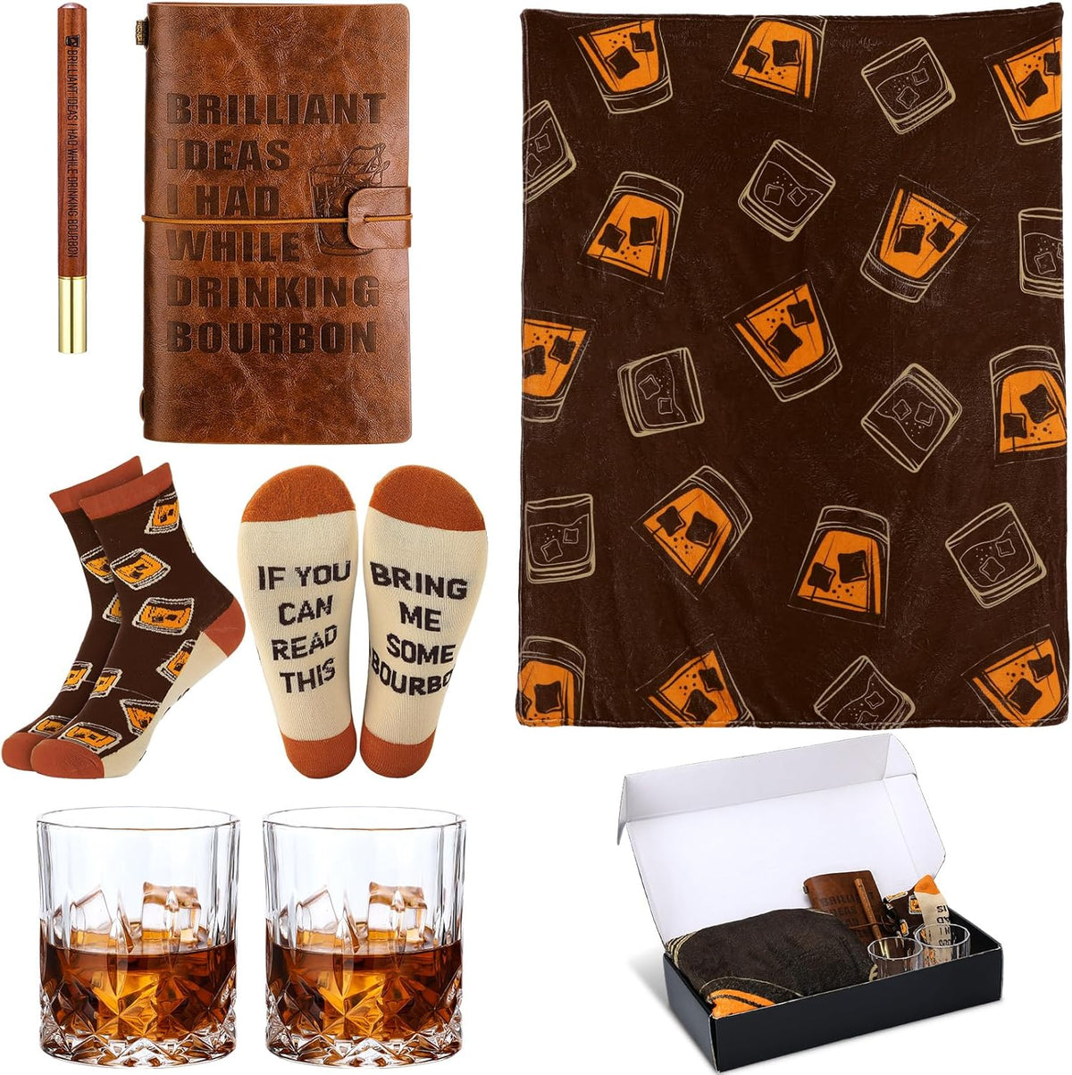 Potchen 7 Piece Bourbon Whiskey Gift Set front view showcasing glasses blanket and journal