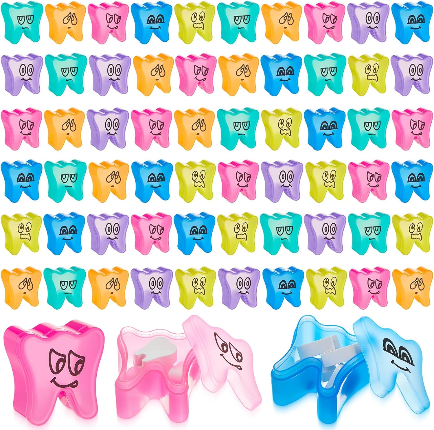 Beeveer 60 pieces colorful plastic tooth saver boxes front view