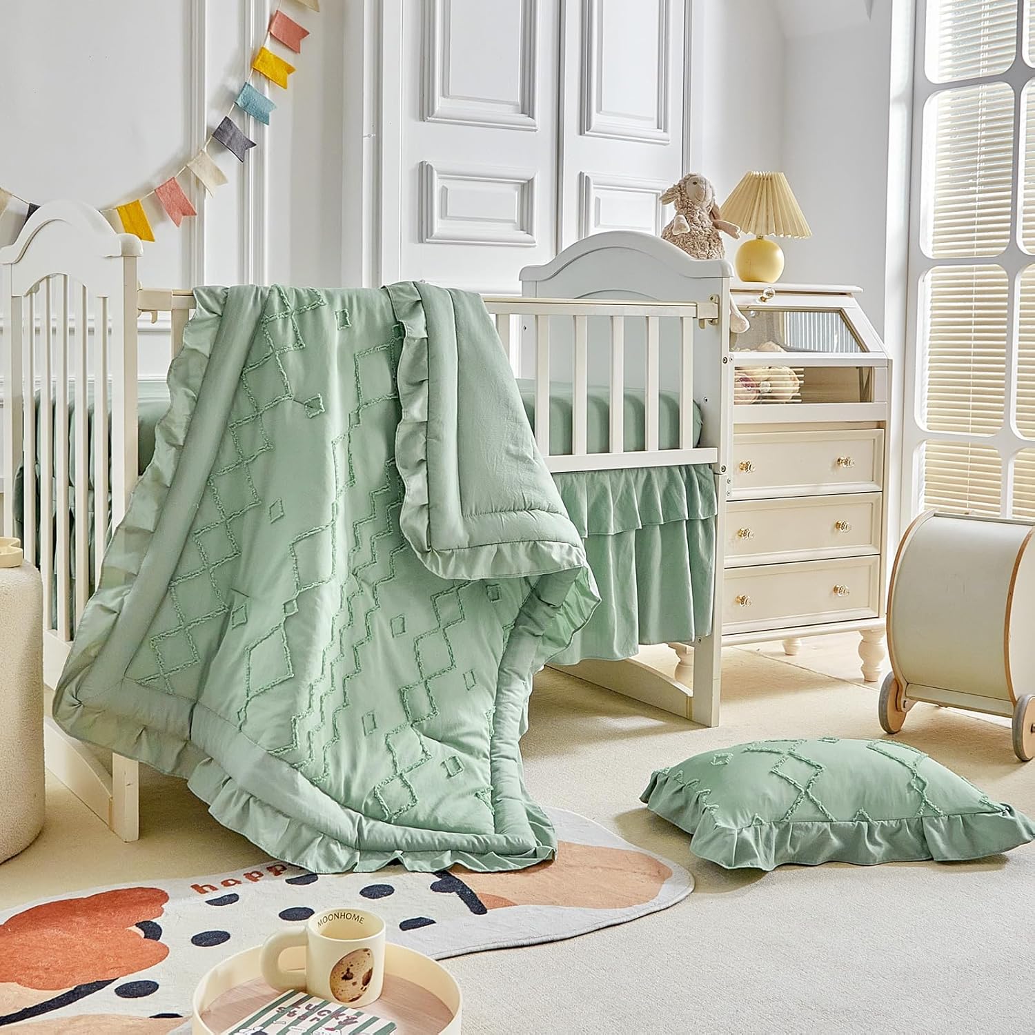 AIKASY ruffled shabby chic baby crib bedding set front view showing green quilted comforter in a styled nursery