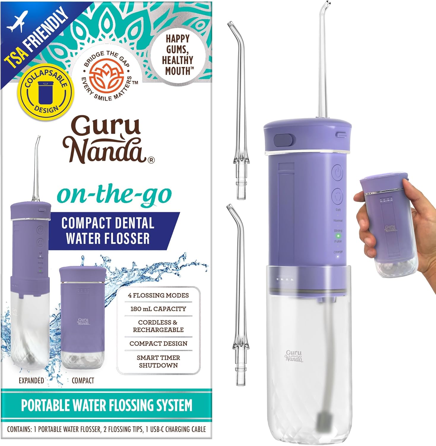 GuruNanda Compact Dental Water Flosser Lavender front view showing power buttons.