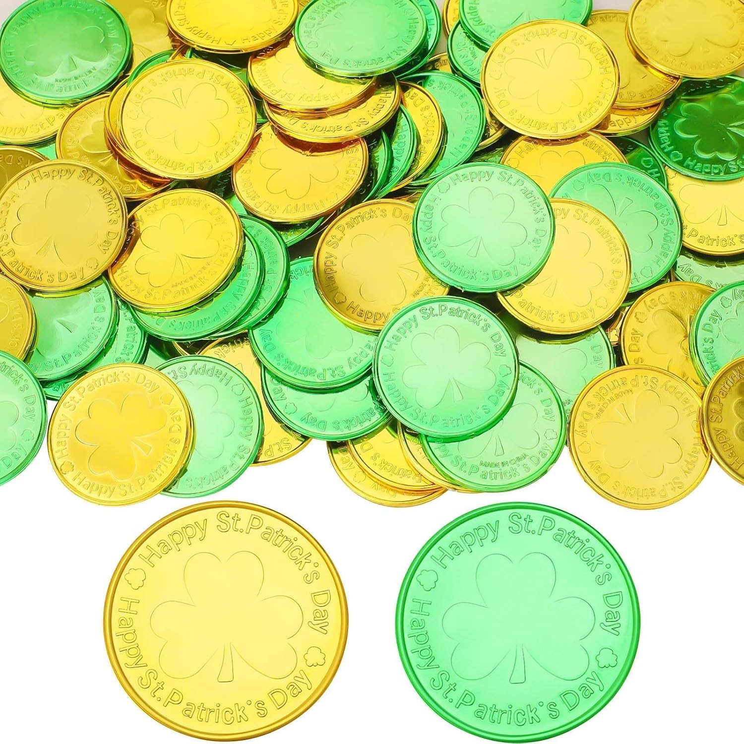 MARFOREVER St Patricks Day Shamrock Coins front view of gold and green plastic lucky coins scattered on a festive table layout.