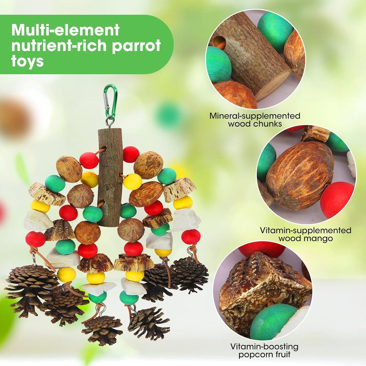 Close up view of the authentic cuttlefish bones and pine cones on the bird chew toy