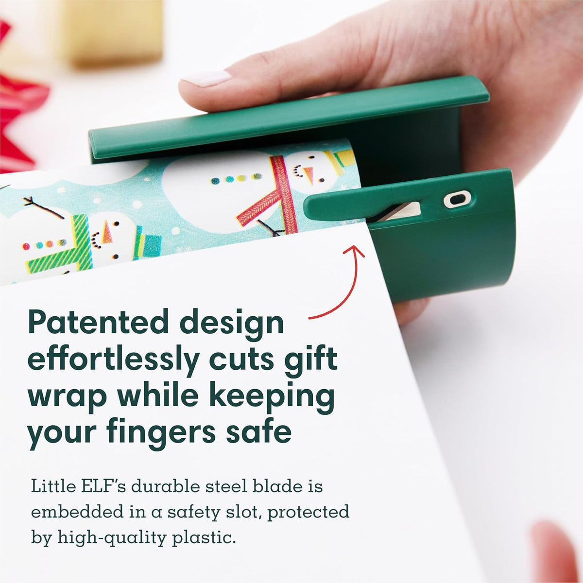 Side view of Little ELF paper roll cutter holding wrapping paper neat