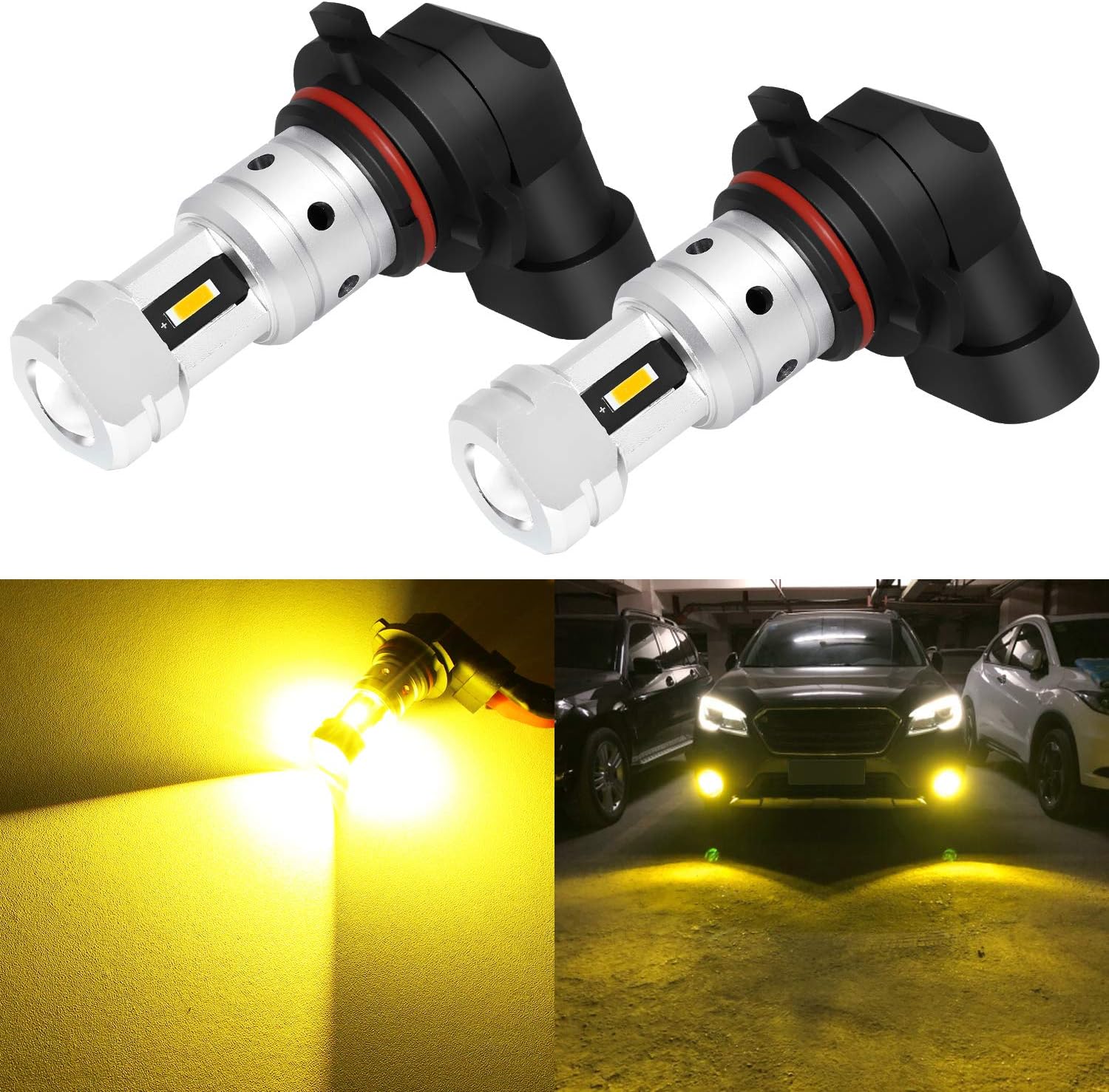 Phinlion 9006 yellow led fog light bulbs pack of two front view showing the gold colored aluminum housing and premium led chips.