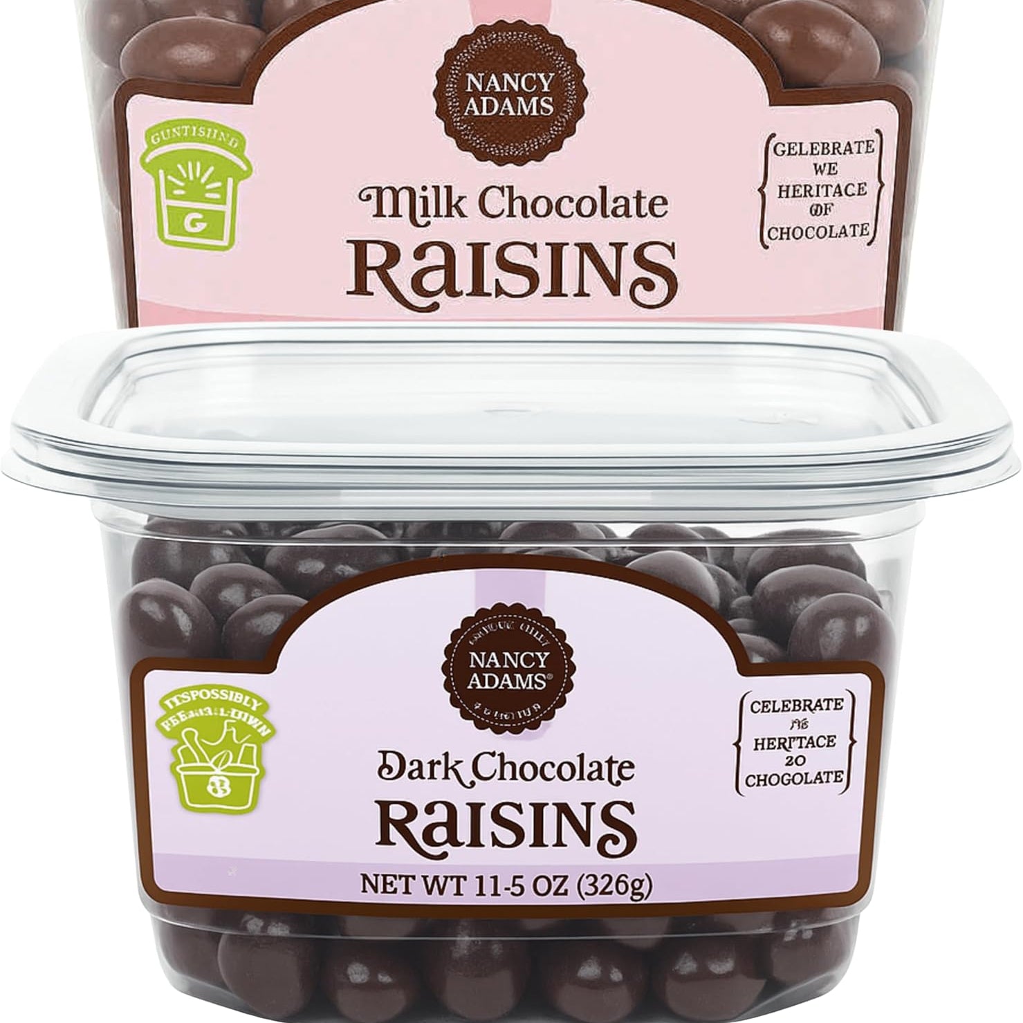 Tree Treasures Premium Chocolate Covered Raisins front view of two assorted tubs