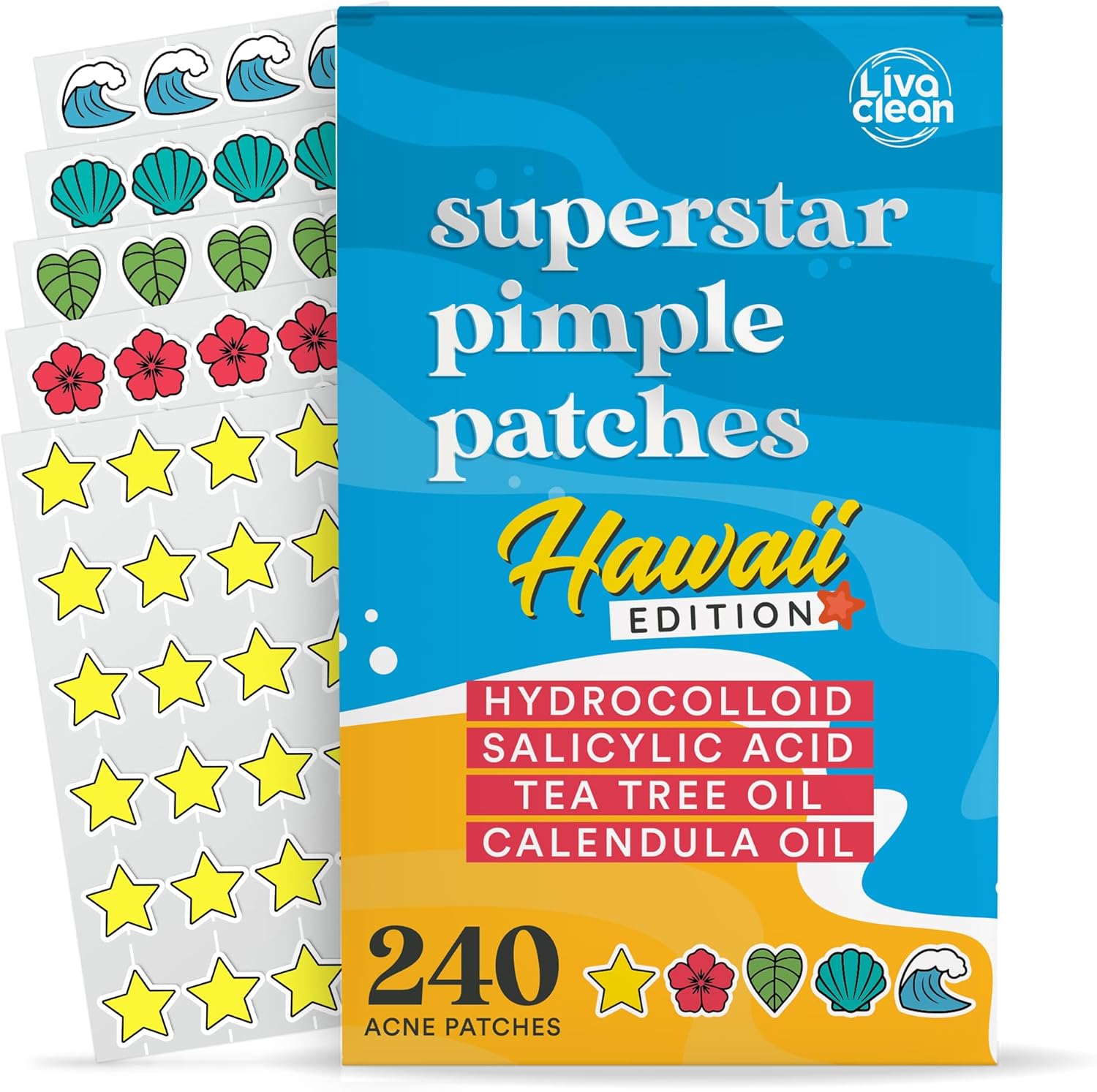 Livaclean Hawaii Edition Pimple Patches front pack view showing cute beach-themed stickers.