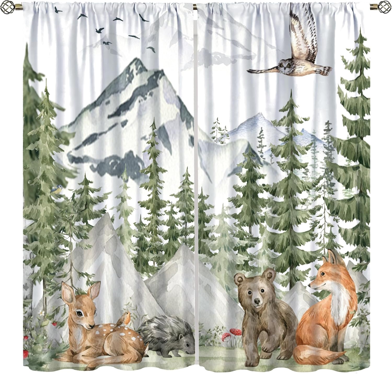 TFOSO forest animal curtains front view showing watercolor woodland scene for kids bedroom