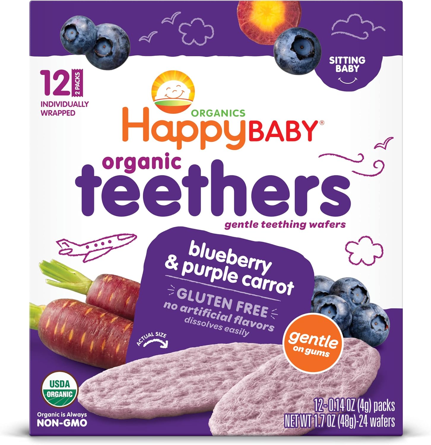 Happy Baby Organics gentle teething wafers blueberry and purple carrot front view packaging