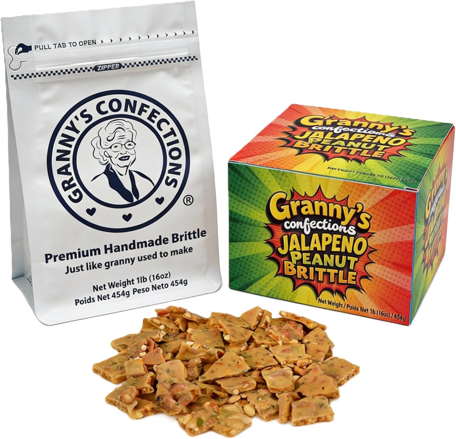 Granny's Confections Jalapeño Peanut Brittle front view of the one pound resealable pouch showcasing authentic American gourmet candy.