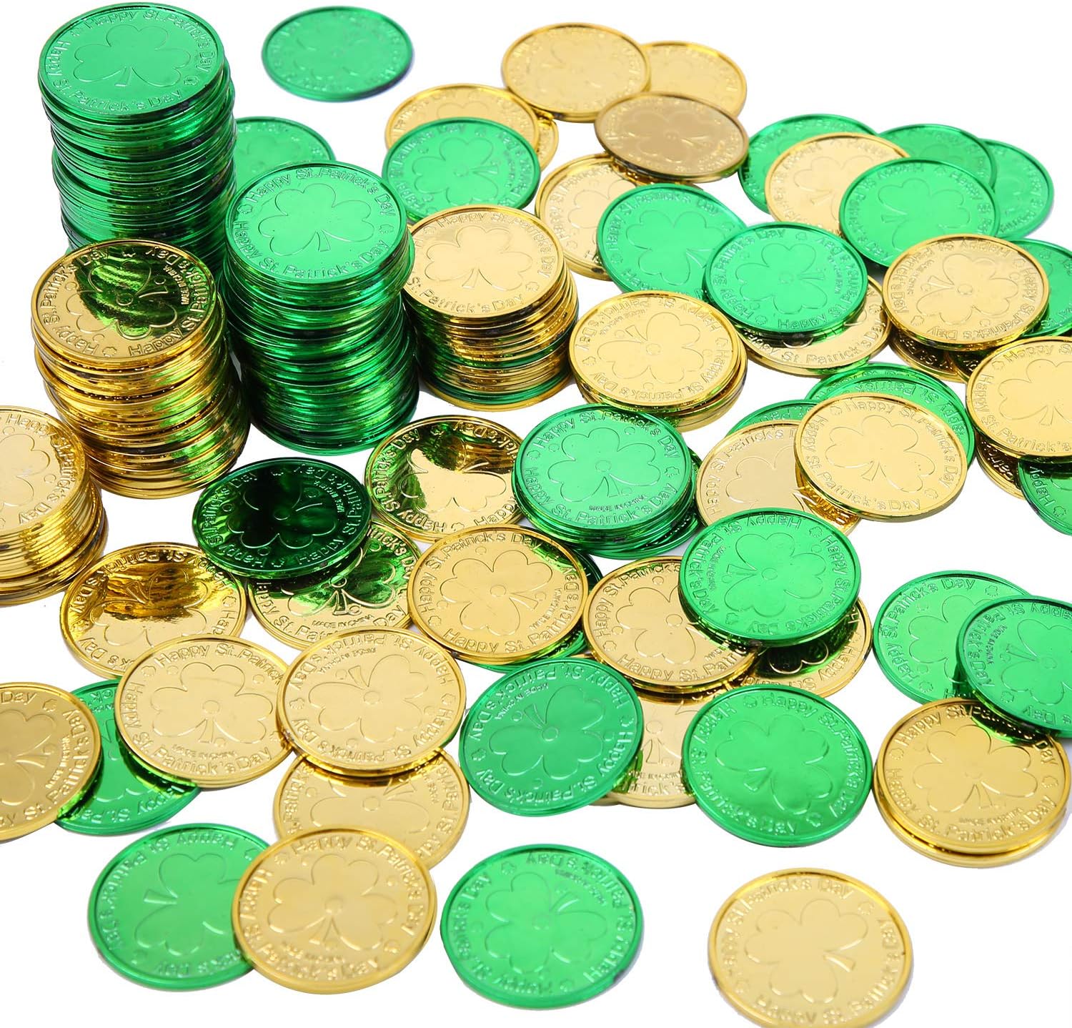 Elcoho 240 Lucky Plastic St. Patrick's Day Coins front view showing green and gold holiday tokens
