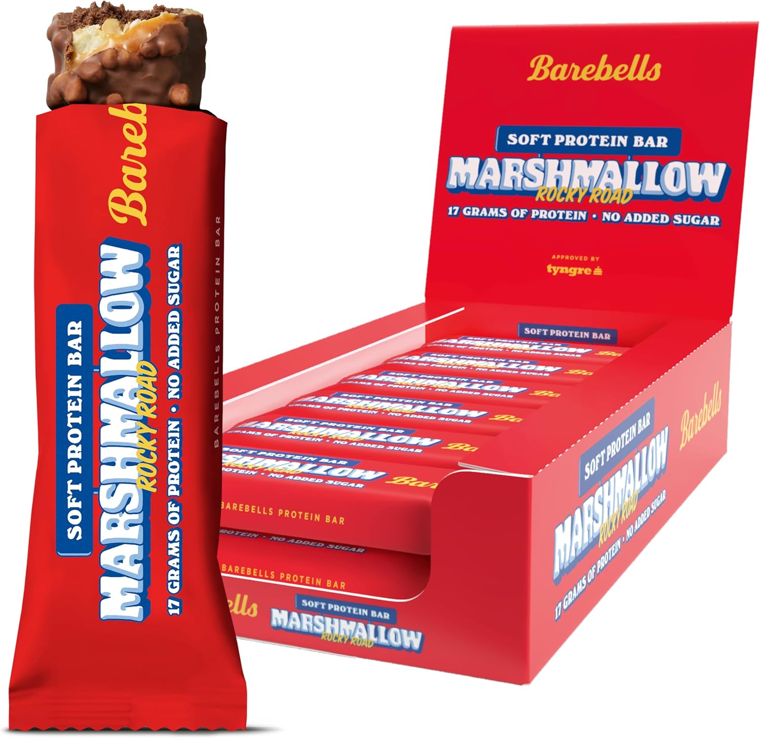 Barebells Soft Protein Bars Rocky Road 12 count pack front view showing the chocolate marshmallow protein snack.