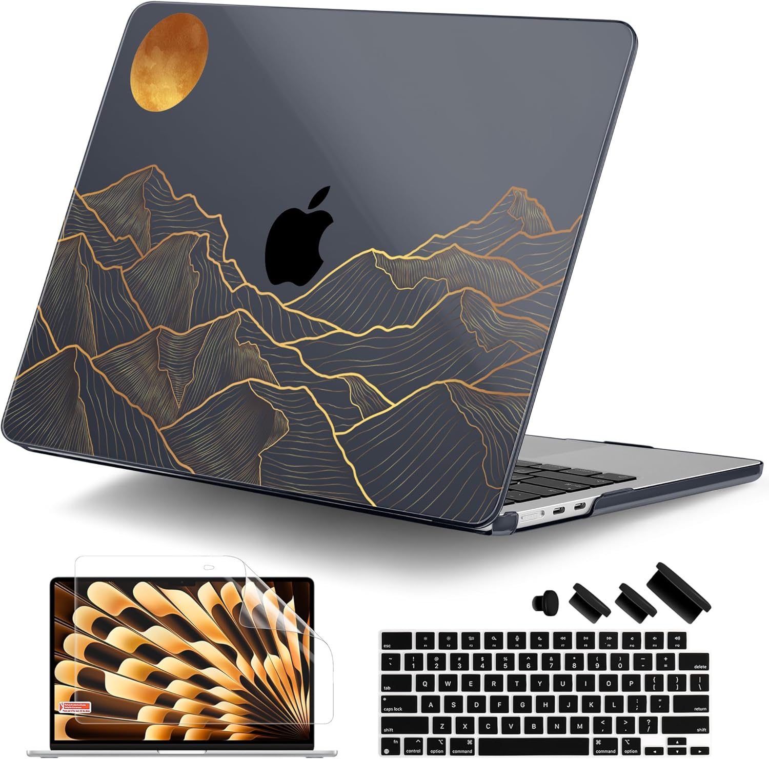 DONGKE MacBook Air hard shell case showing abstract mountain gold line art design on top cover