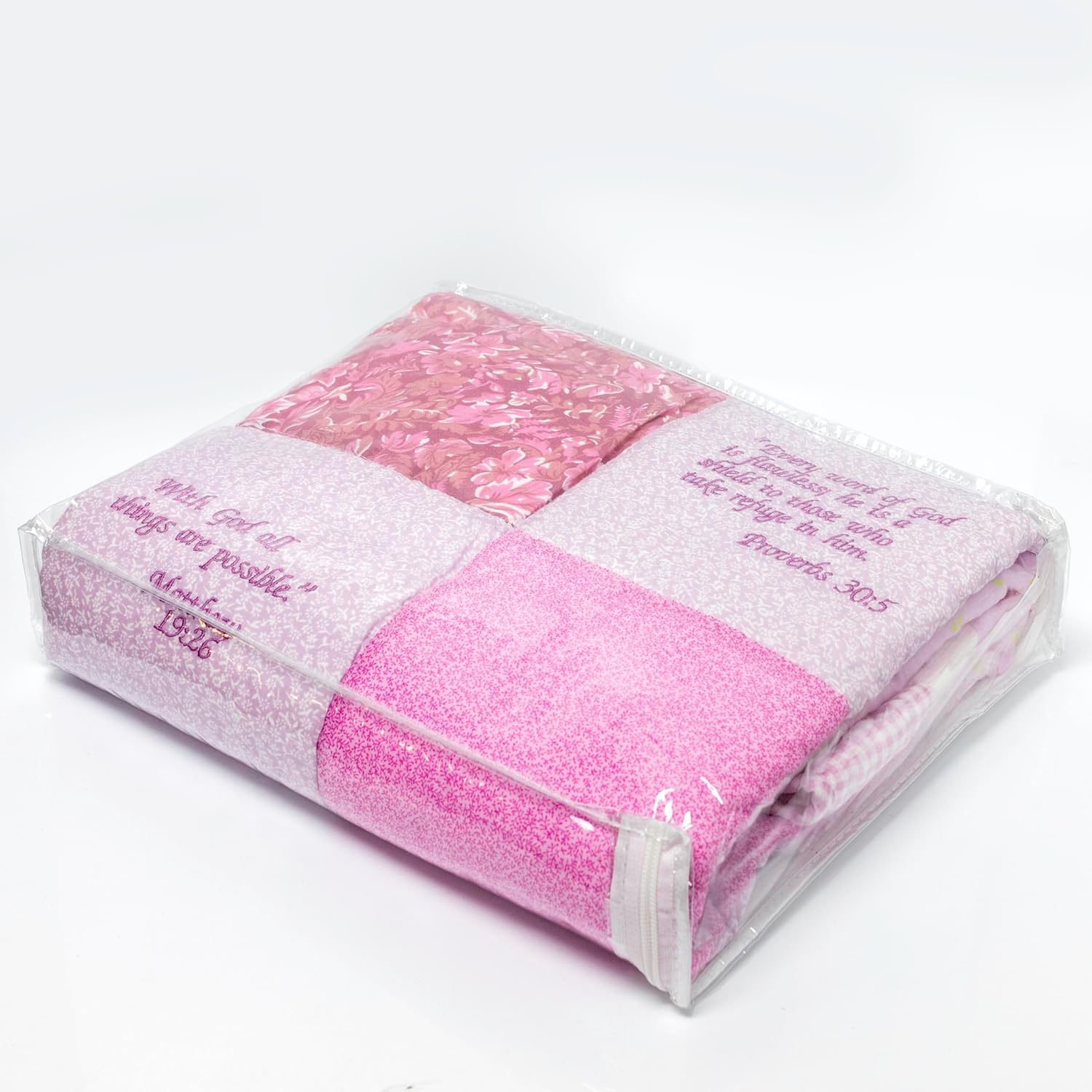 Comfort In The Word embroidered scripture baby quilt pink front view showing Bible verse squares.