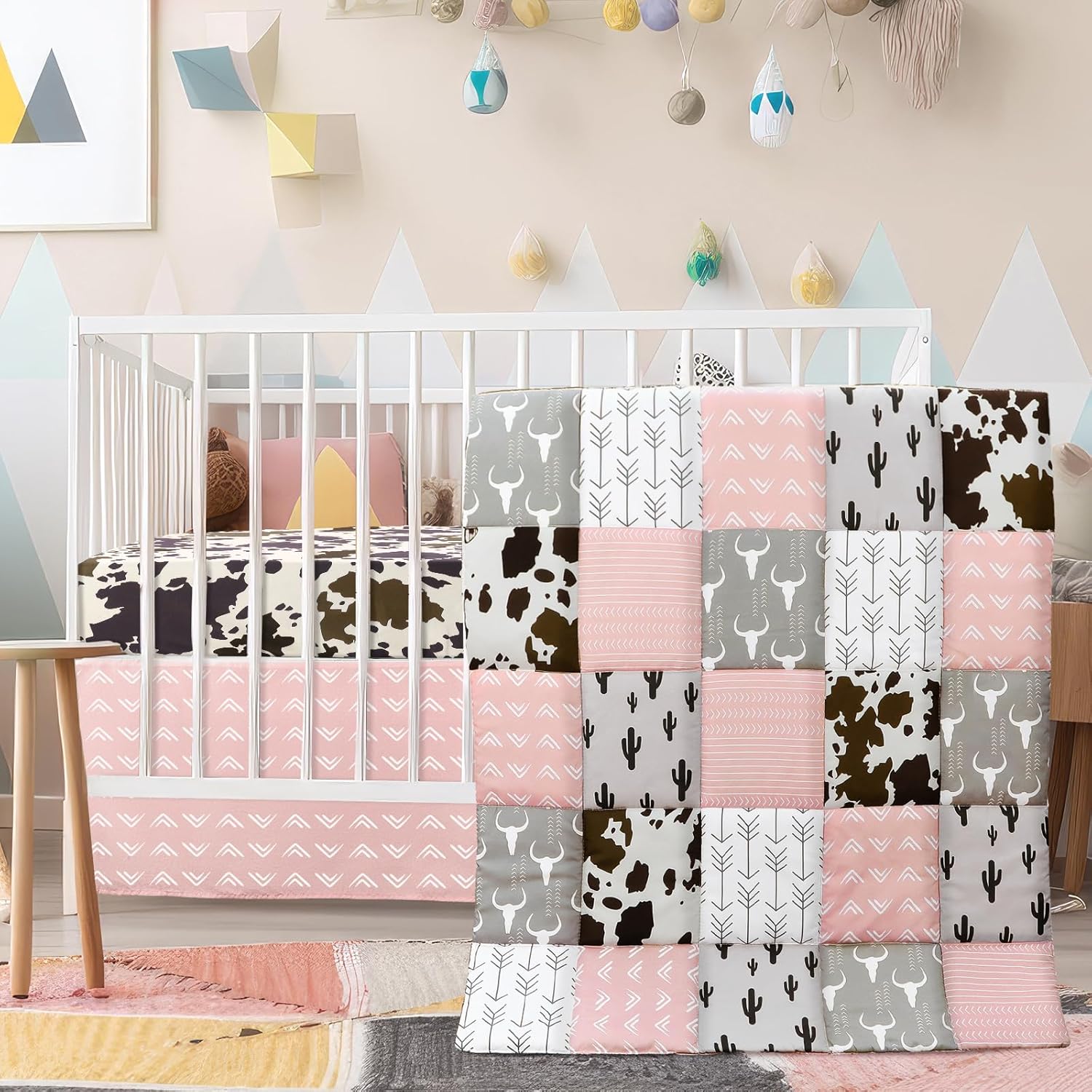 Hahafelt 3 piece patchwork western crib bedding set front view showcasing pink and gray cowgirls themed nursery decor quilt.