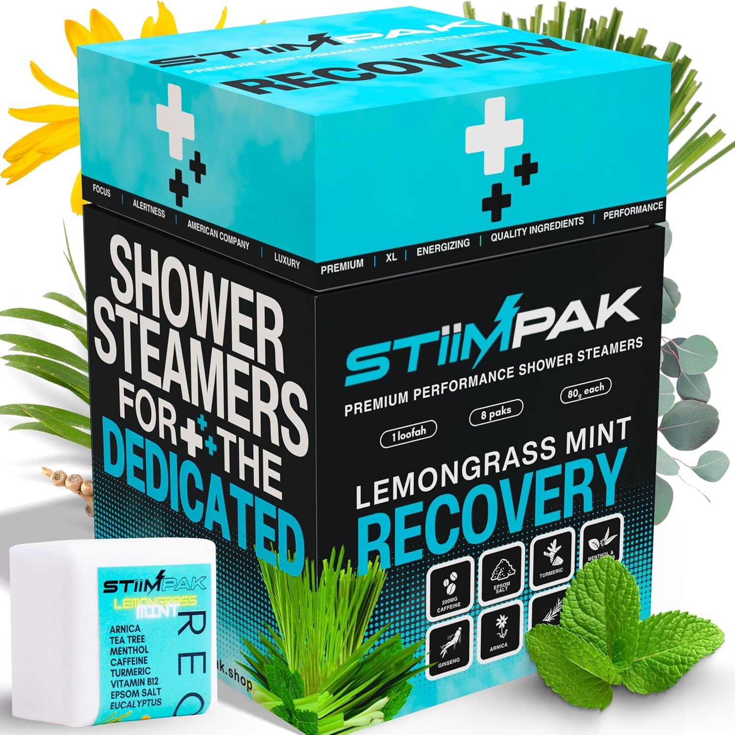 Stiimpak Recovery XXL Shower Steamers 8 pack front view box packaging for aromatherapy congestion relief