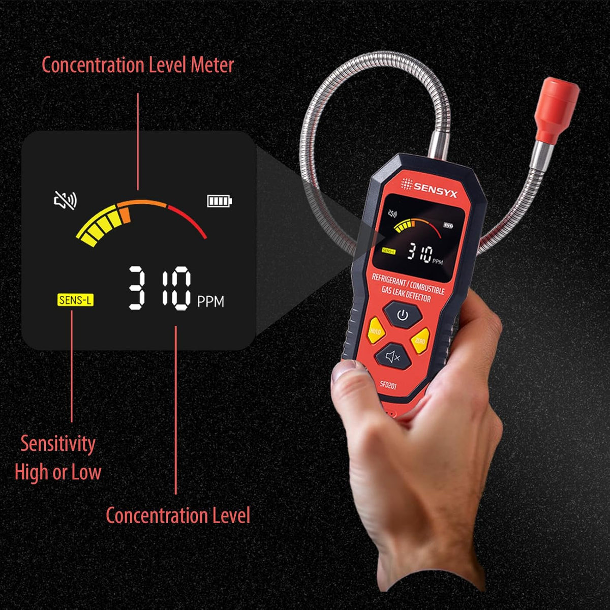 SENSYX SFD201 flexible metal gooseneck probe and sensor tip close-up