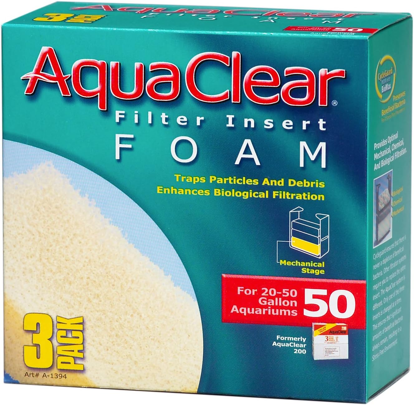 AquaClear 50 Foam Filter Inserts three pack front packaging view for aquarium filtration.