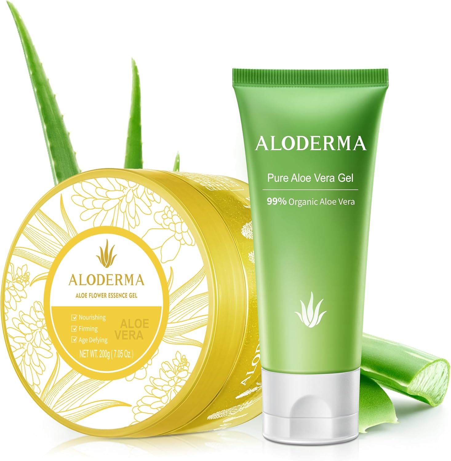 Aloderma Aloe Vera Gel Set 2 Pack front packaging view showcasing organic aloe skincare.