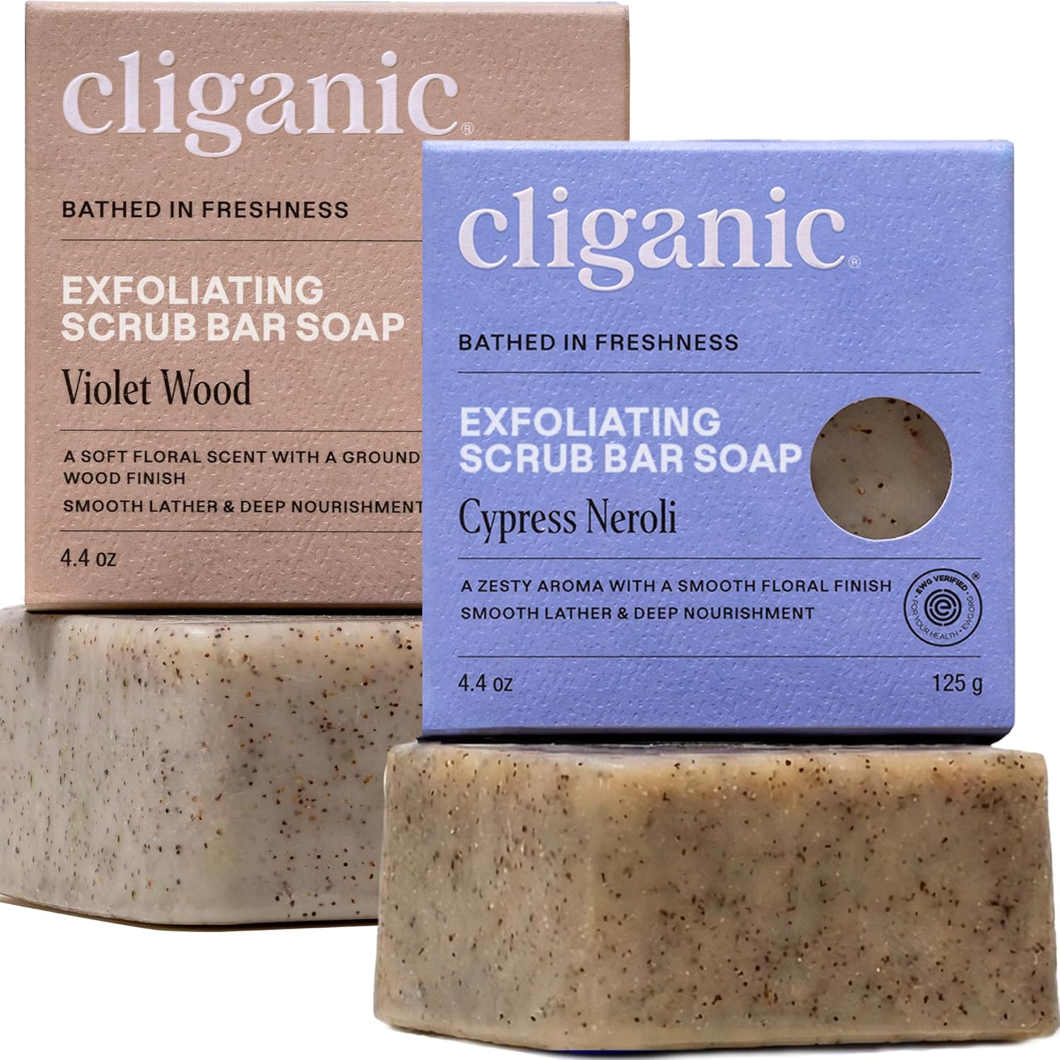 Cliganic Exfoliating Bar Soap front view packaging of the two pack body scrub.