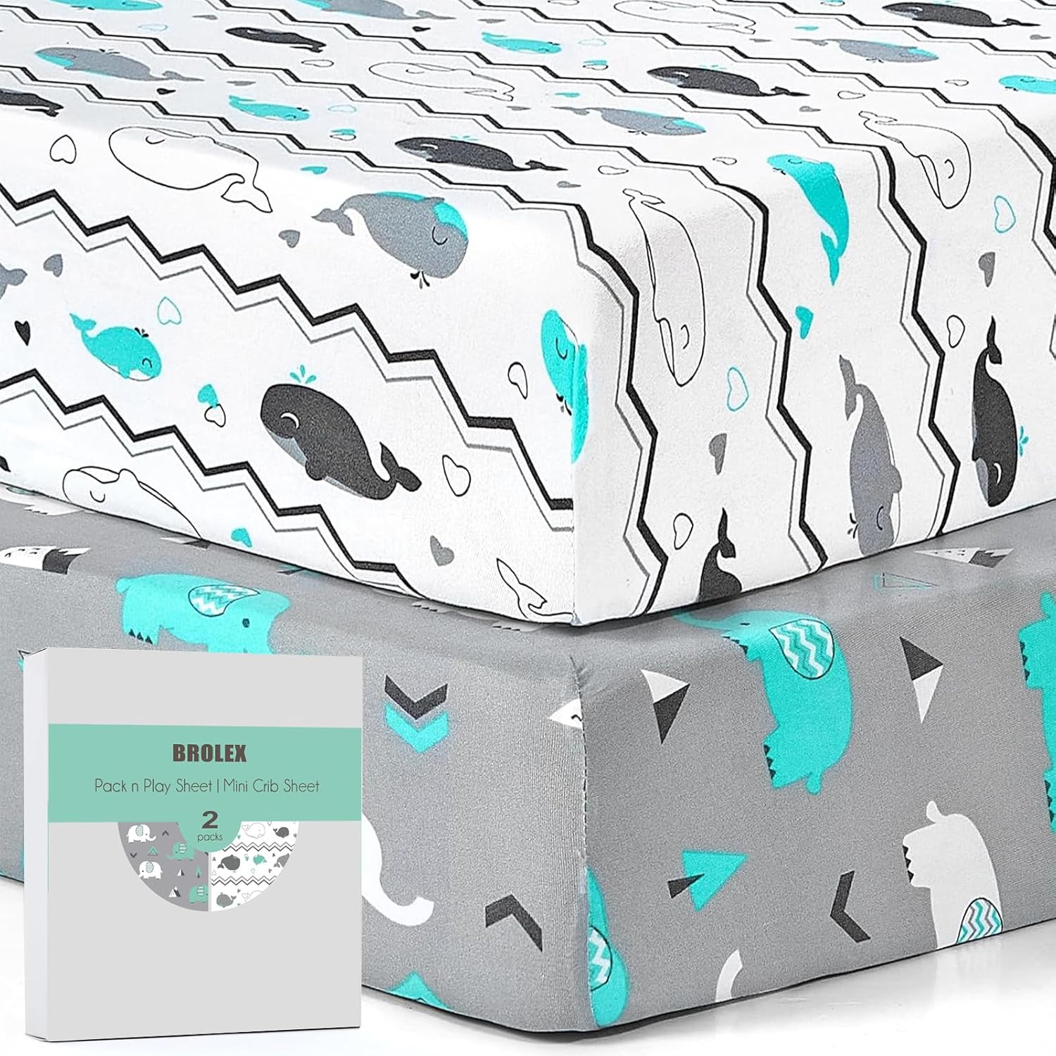 BROLEX Pack n Play fitted sheets front view featuring elephant pattern for mini crib mattresses.