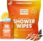 Super and Fresh citrus and cedar shower wipes front view packaging