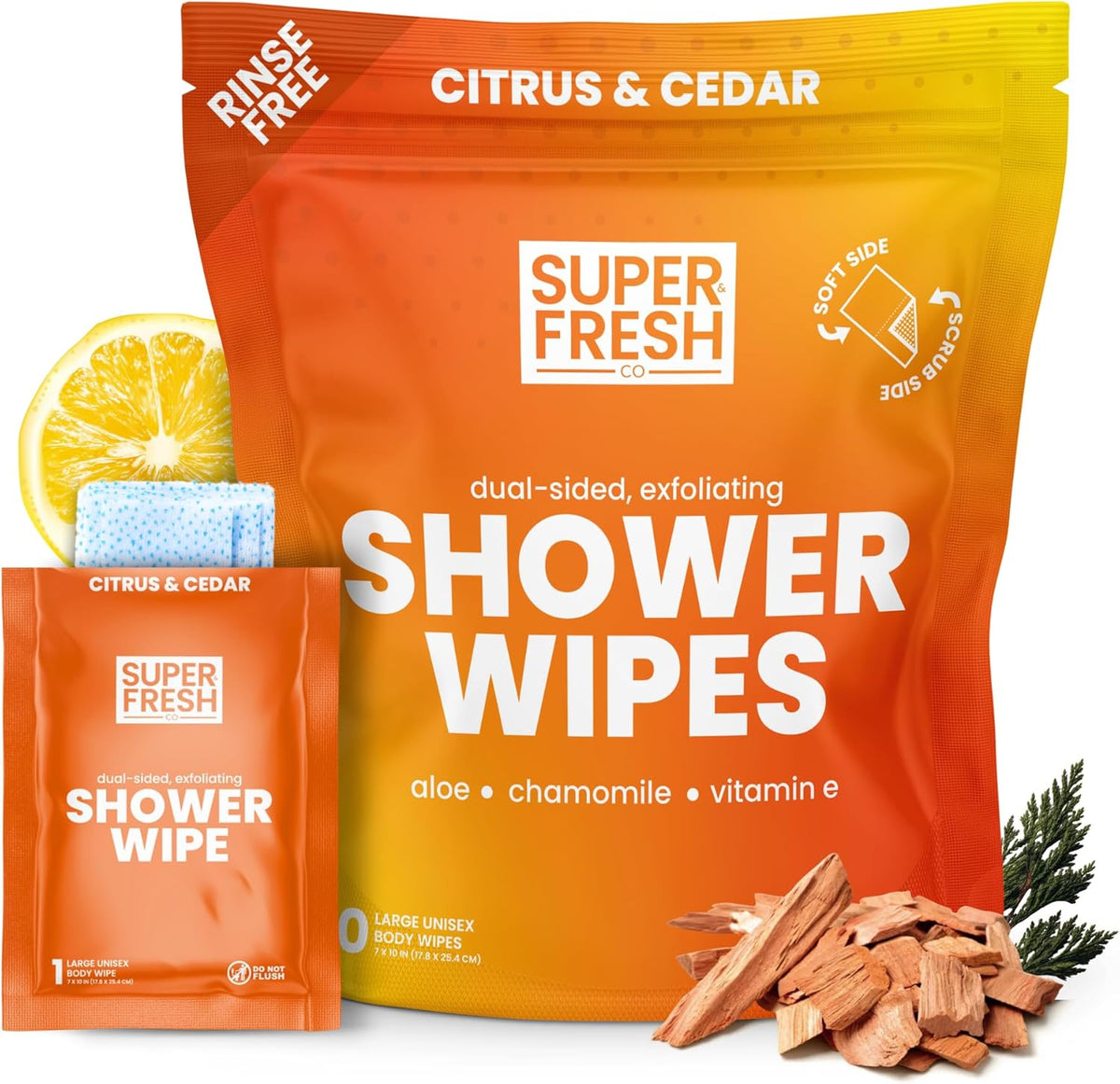 Super and Fresh citrus and cedar shower wipes front view packaging