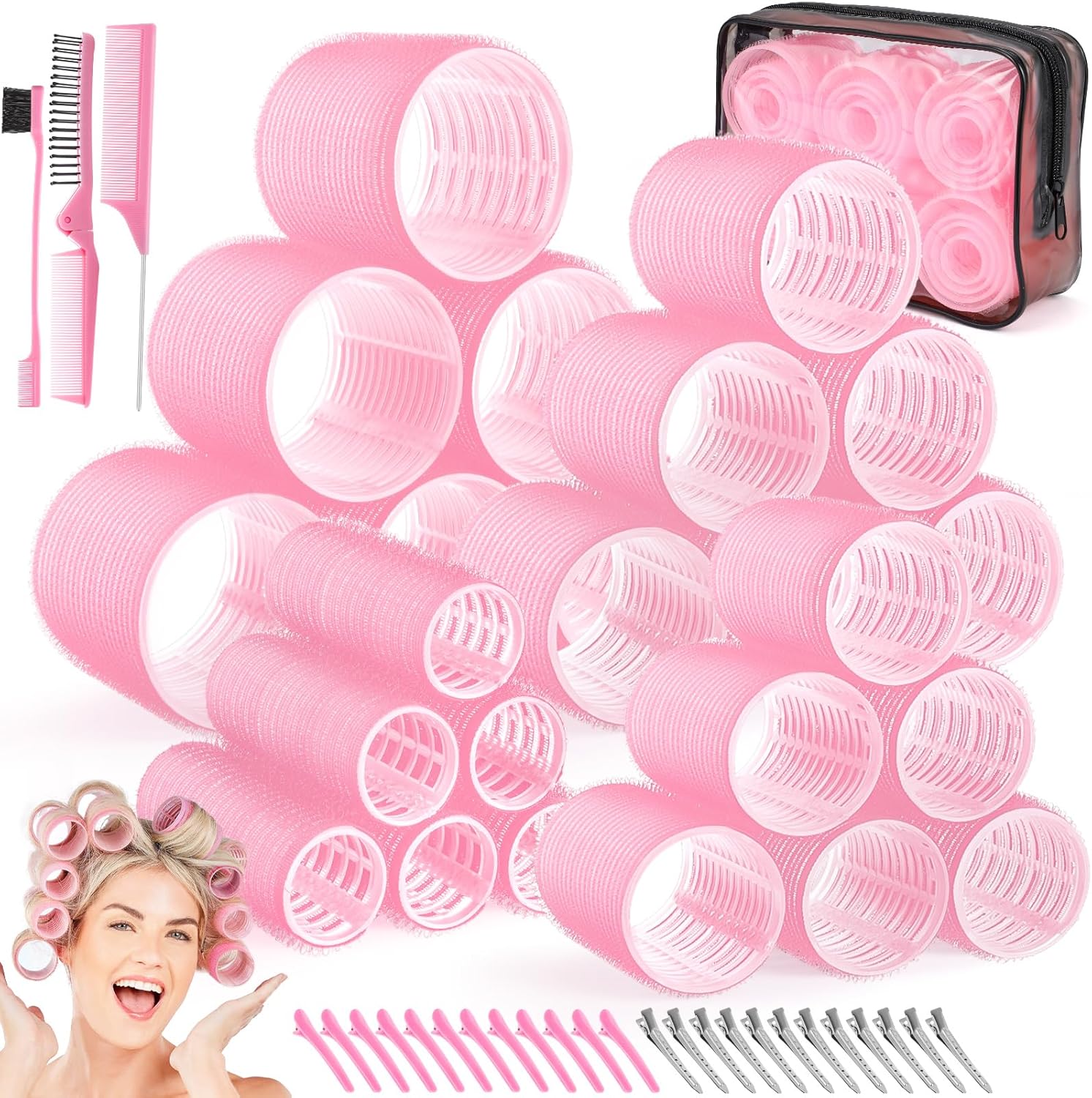 Obeoby four sizes hair rollers front view showing pink self grip curlers