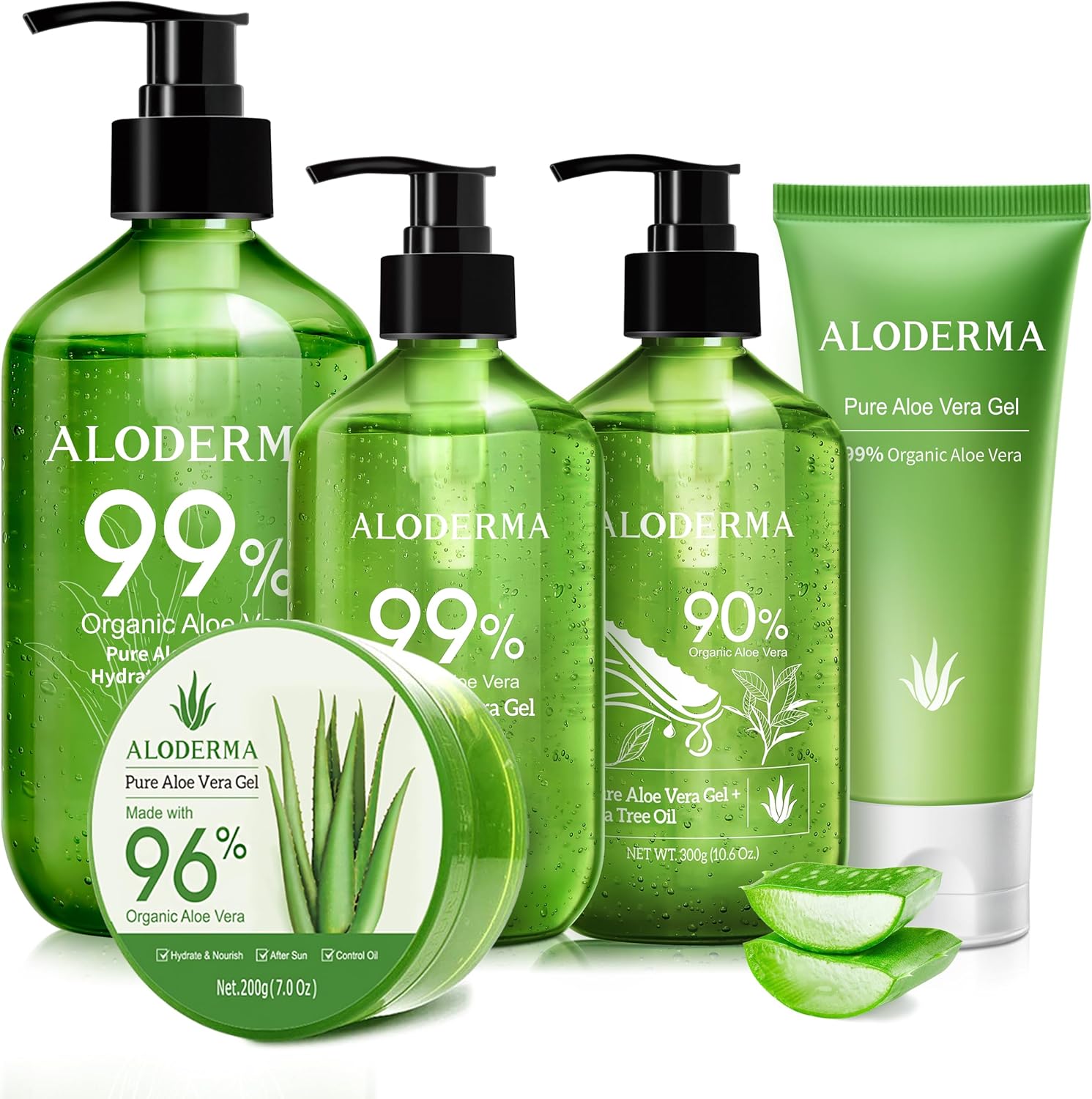 Aloderma Organic Aloe Vera Gel Set front view featuring five skincare bottles and jars