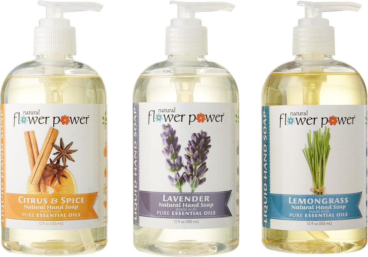 Natural Flower Power natural hand soap lifestyle setting in bathroom