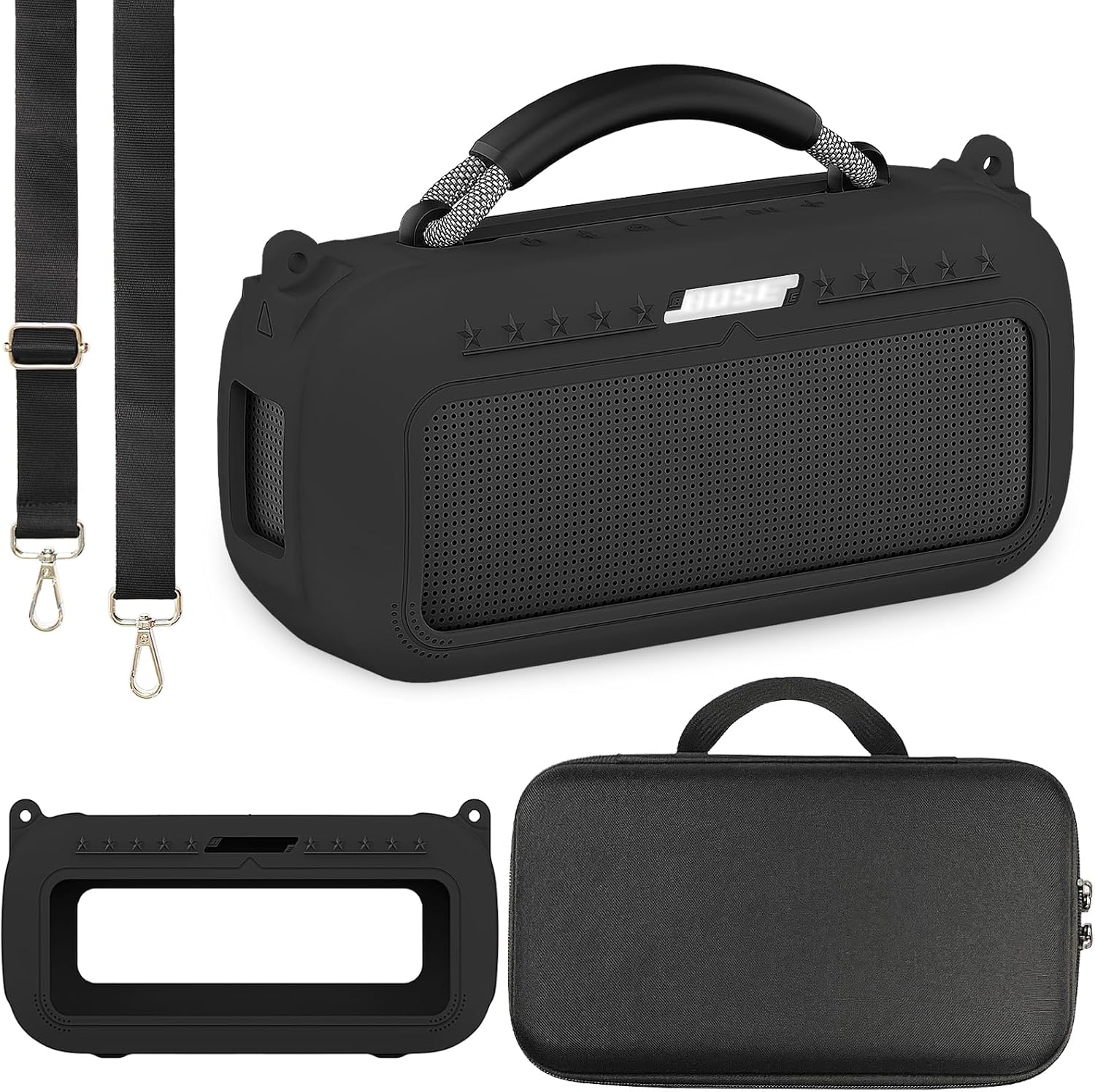 JCHPINE protective case for Bose SoundLink Max speaker front view showing black silicone skin.