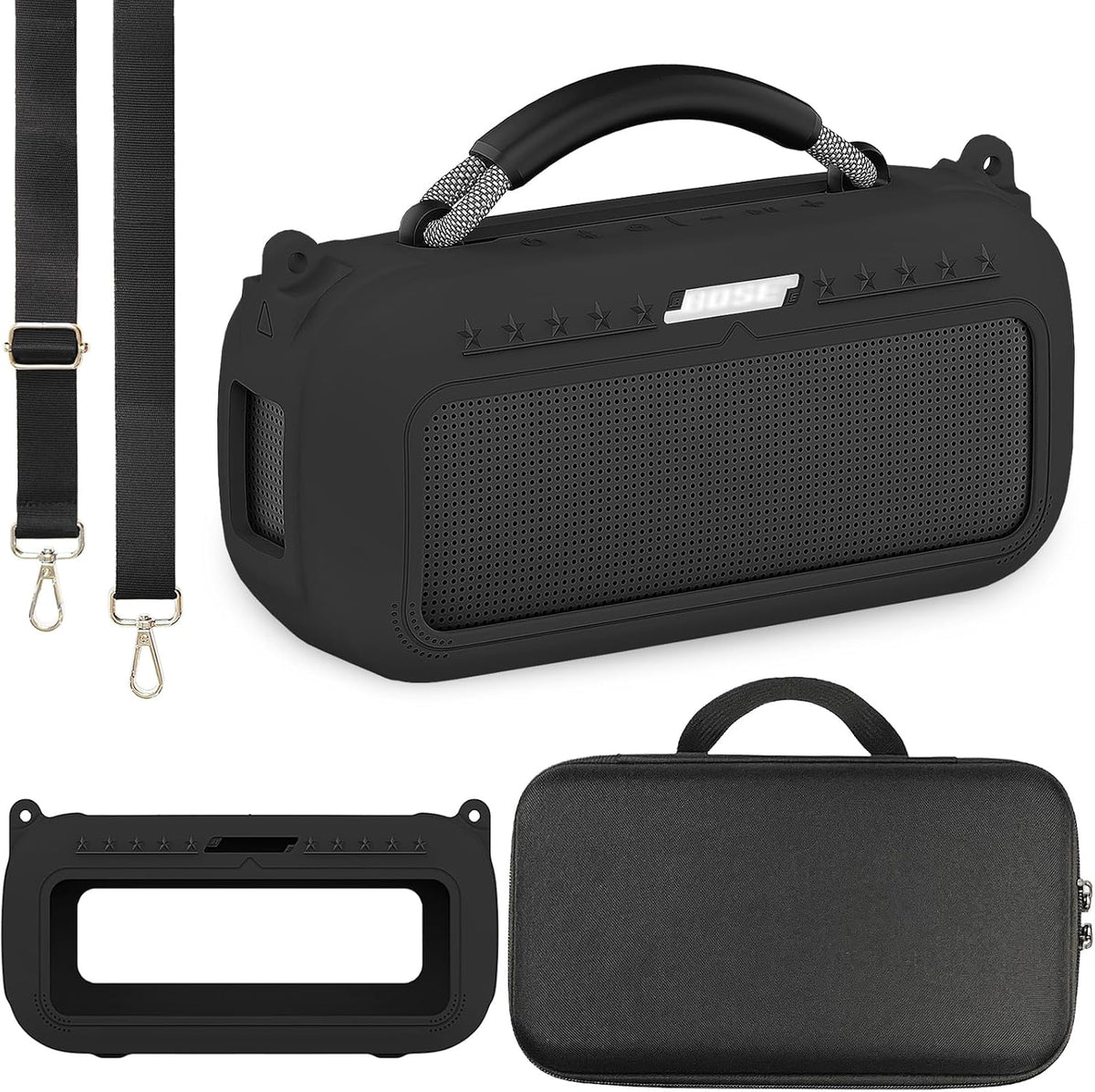 JCHPINE protective case for Bose SoundLink Max speaker front view showing black silicone skin.
