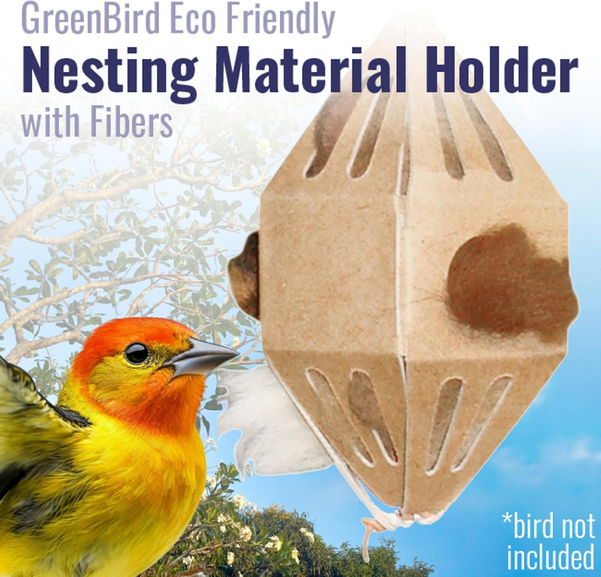 Green Bird eco friendly nesting material holder hanging on tree branch