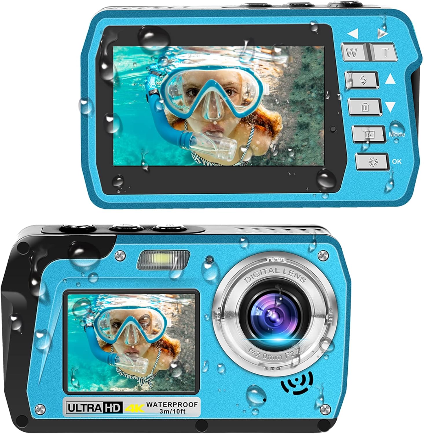 Lincom waterproof digital camera front view with dual screens