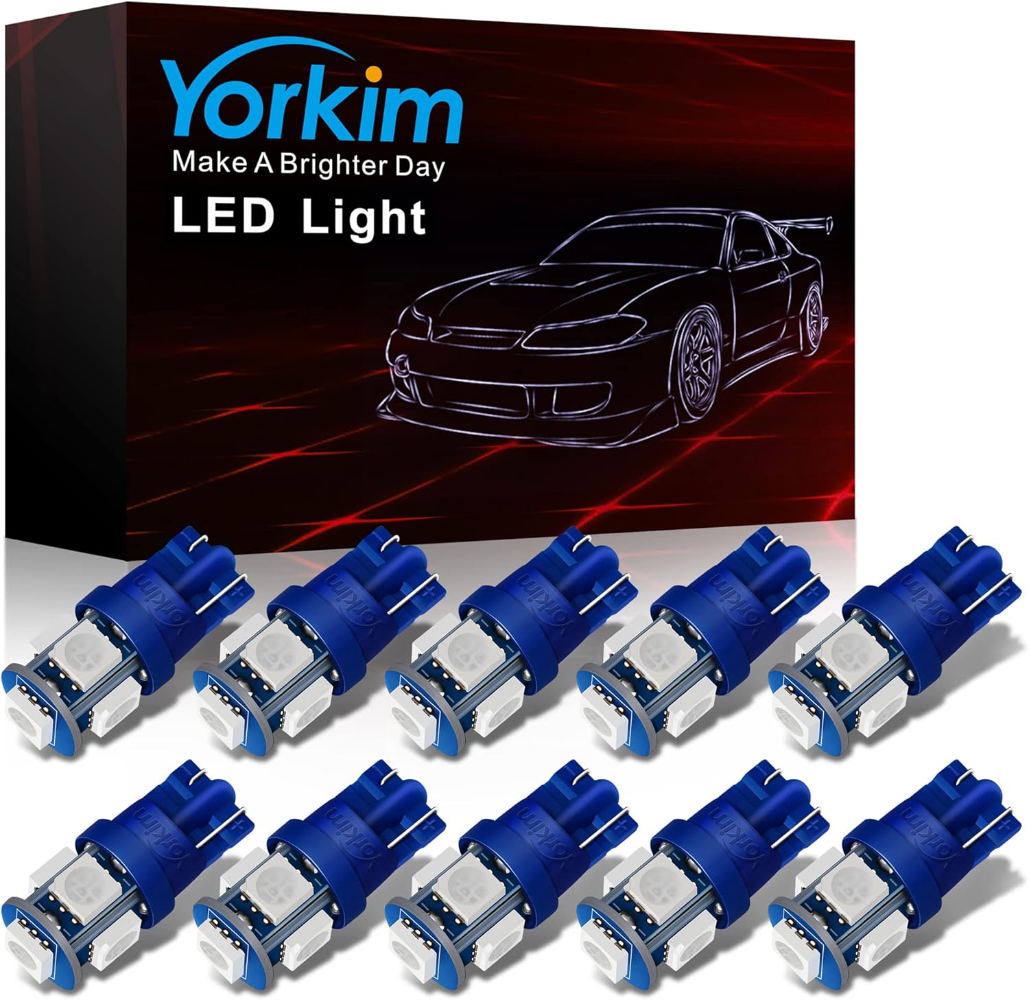 Yorkim 194 T10 LED replacement bulb front view showing blue light emitter chips