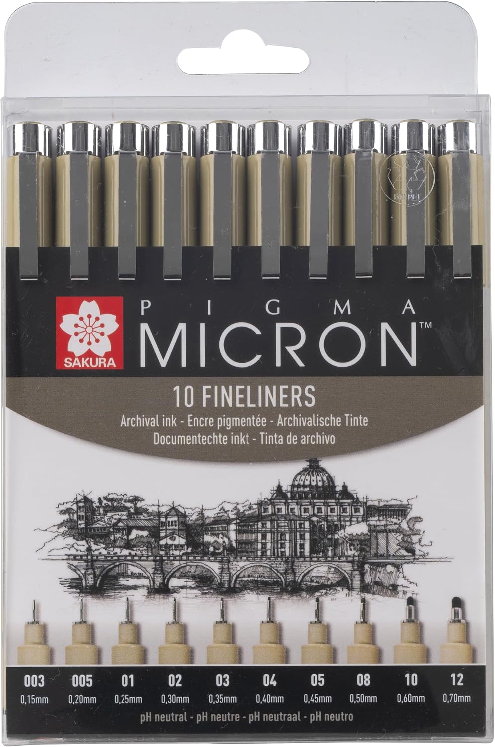 Sakura Pigma Micron fineliner pen set front view showing packaging and assorted black pens.