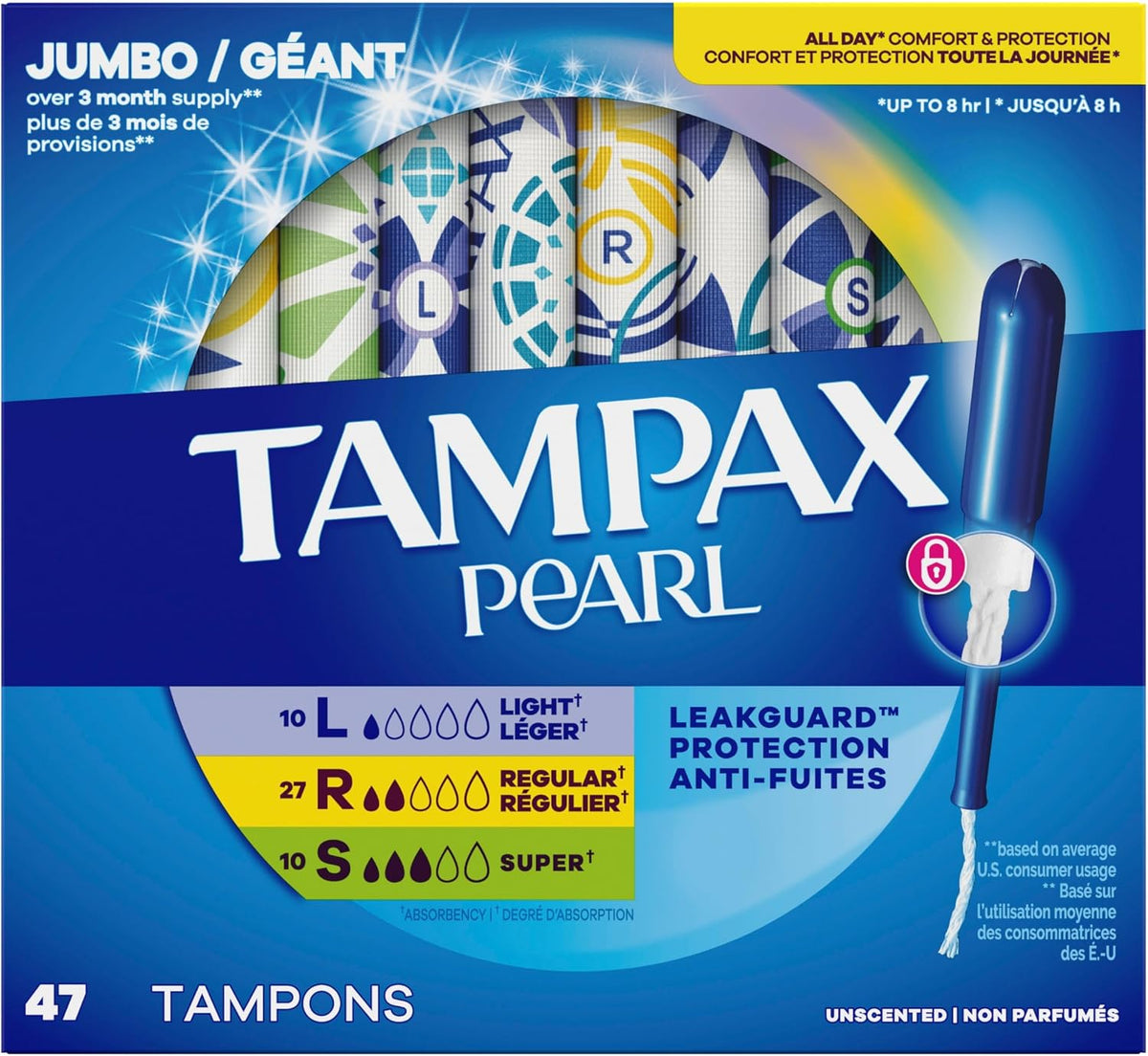 Tampax Pearl Tampons for Women Multipack, with LeakGuard Braid, Light/Regular/Super Absorbency, Unscented, 47 Count - Image 9