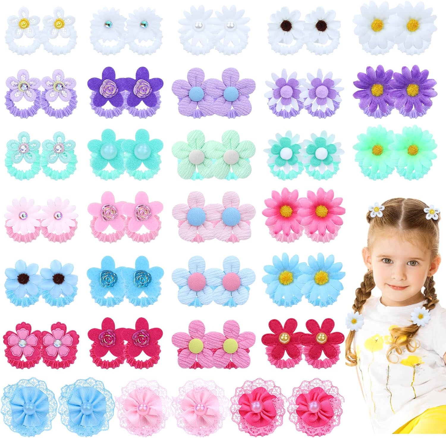 InSowni 60 pieces sunflower and daisy flower hair ties for girls