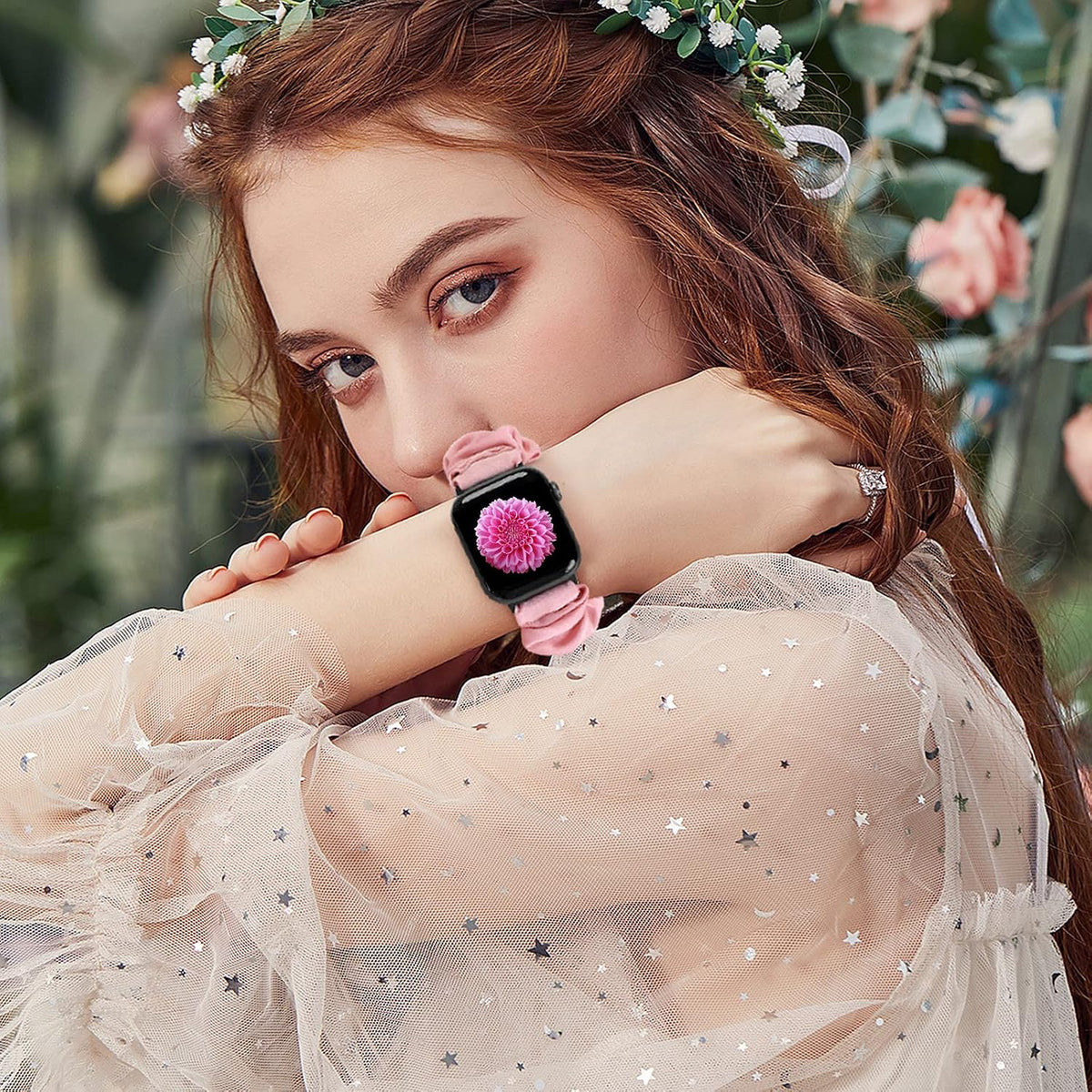 Lifestyle image of the XFYELE pattern printed band worn on a wrist