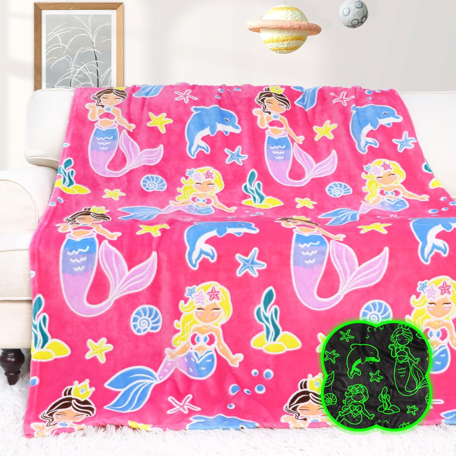 HWING mermaid glow in the dark pink throw blanket front view showing luminous ocean patterns.