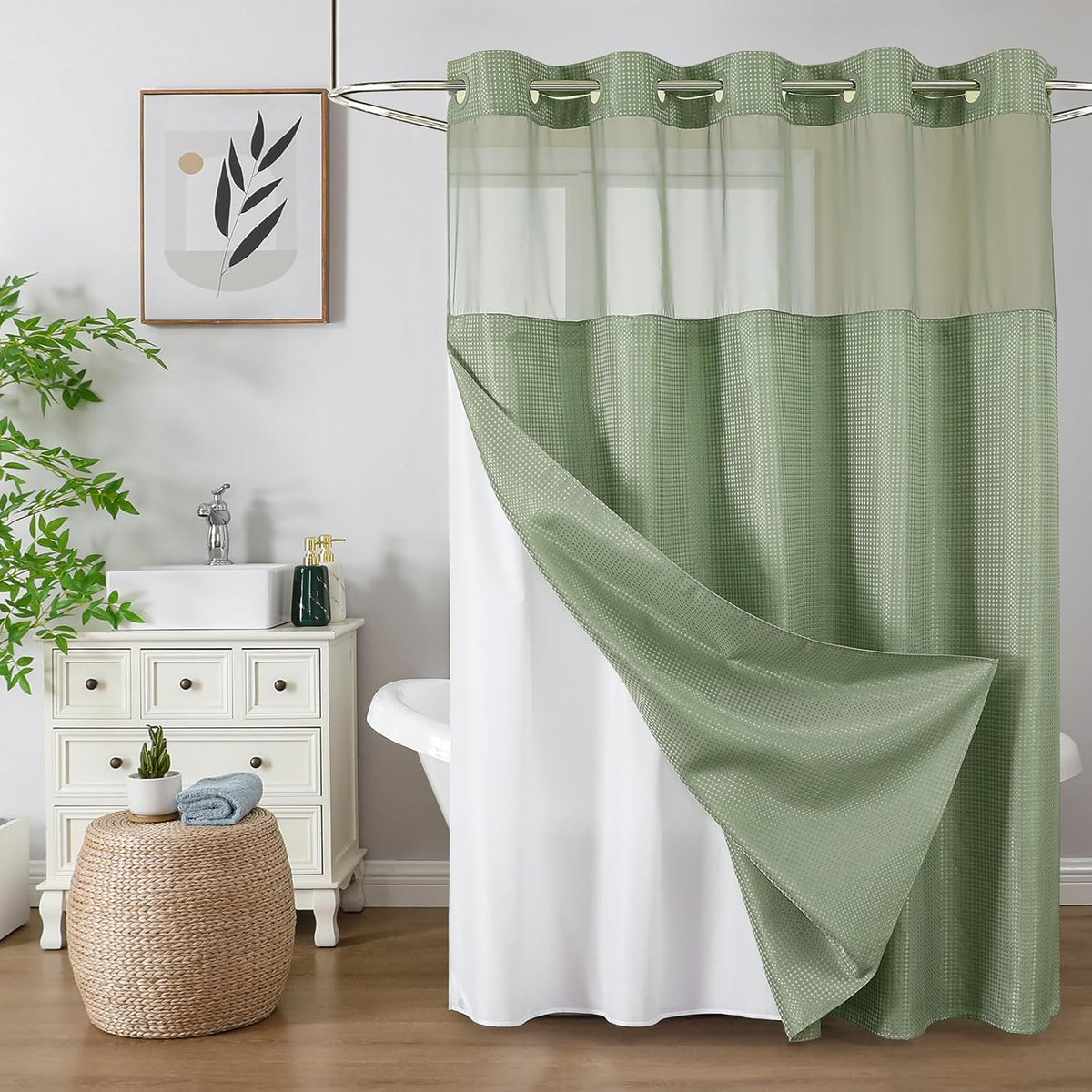 Colorful Star No Hook Shower Curtain front view hanging in a modern bathroom setup.