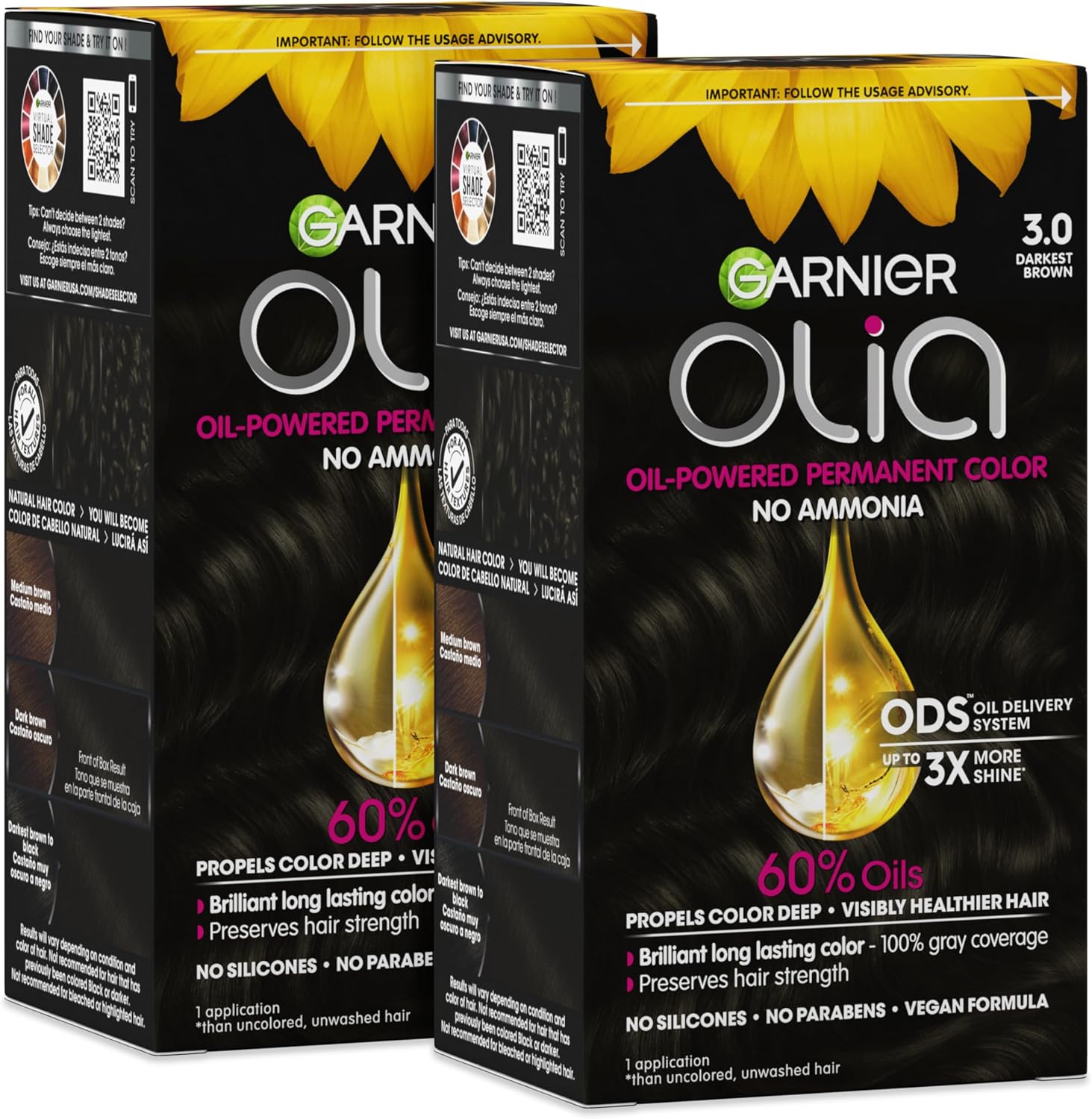 Garnier Olia Hair Color, Ammonia-Free Permanent Hair Dye, Oil-Powered Formula for 100% Gray Coverage and 3x Shinier Hair, Vegan & Cruelty Free, 3.0 Darkest Brown, 2 Count - Image 1