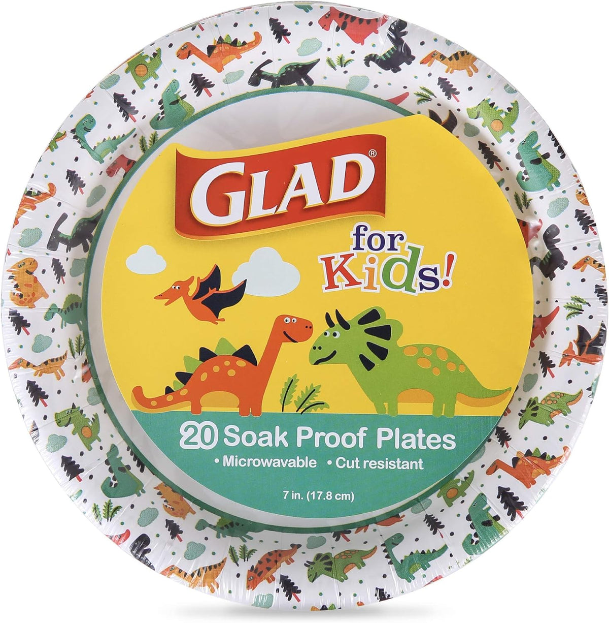 Glad For Kids Dinosaur Disposable Paper Plates front view for birthday parties
