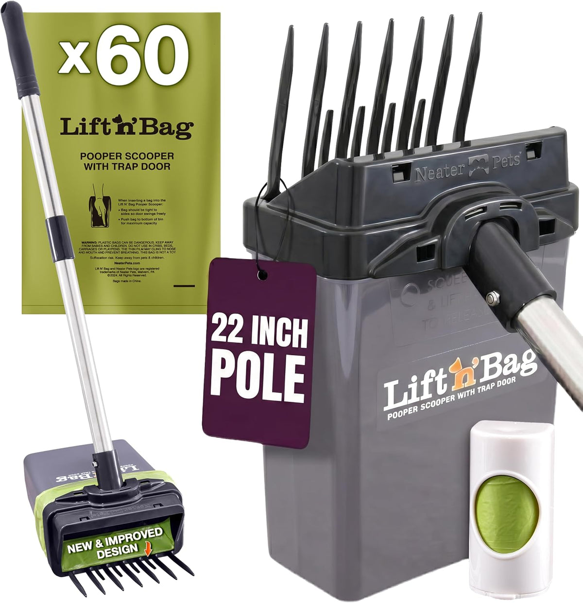 Neater Pet Brands Lift N' Bag 2.0 Dog Pooper Scooper with Bag Attachment & 22" Pole for Small to Large Dogs, New & Improved Design, 15 Refill Bags, Heavy Duty Dog Poop Scooper for Yard, One-Hand Use - Image 11