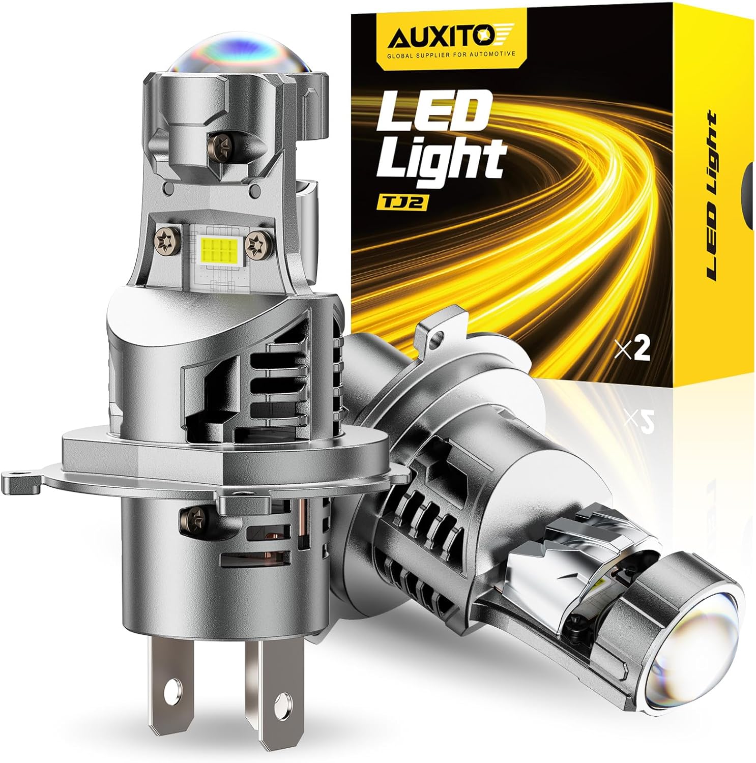 AUXITO 9003 H4 LED headlight bulbs front view showcasing the premium aluminum body and compact plug design.